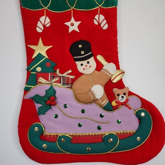 Vintage Sleigh Nutcracker Applique Christmas Stocking Sequined Velour Felt 3D - Picture 4 of 5
